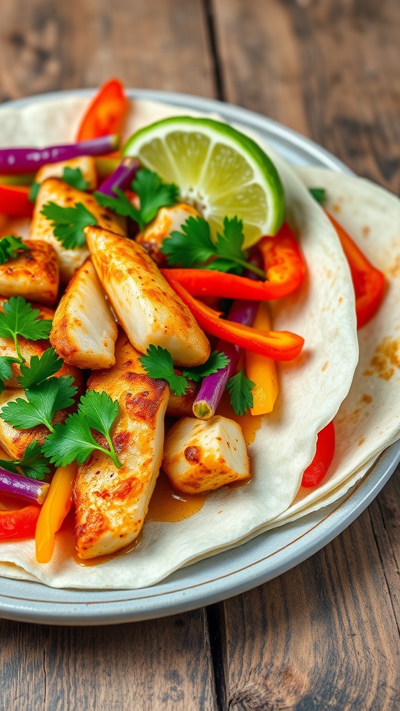 Tilapia fajitas with bell peppers, cilantro, lime wedges, and avocado on a rustic table.